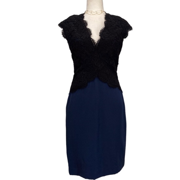 Reem Acra Navy Silk-faille & Black Lace Dress - Picture 11 of 16